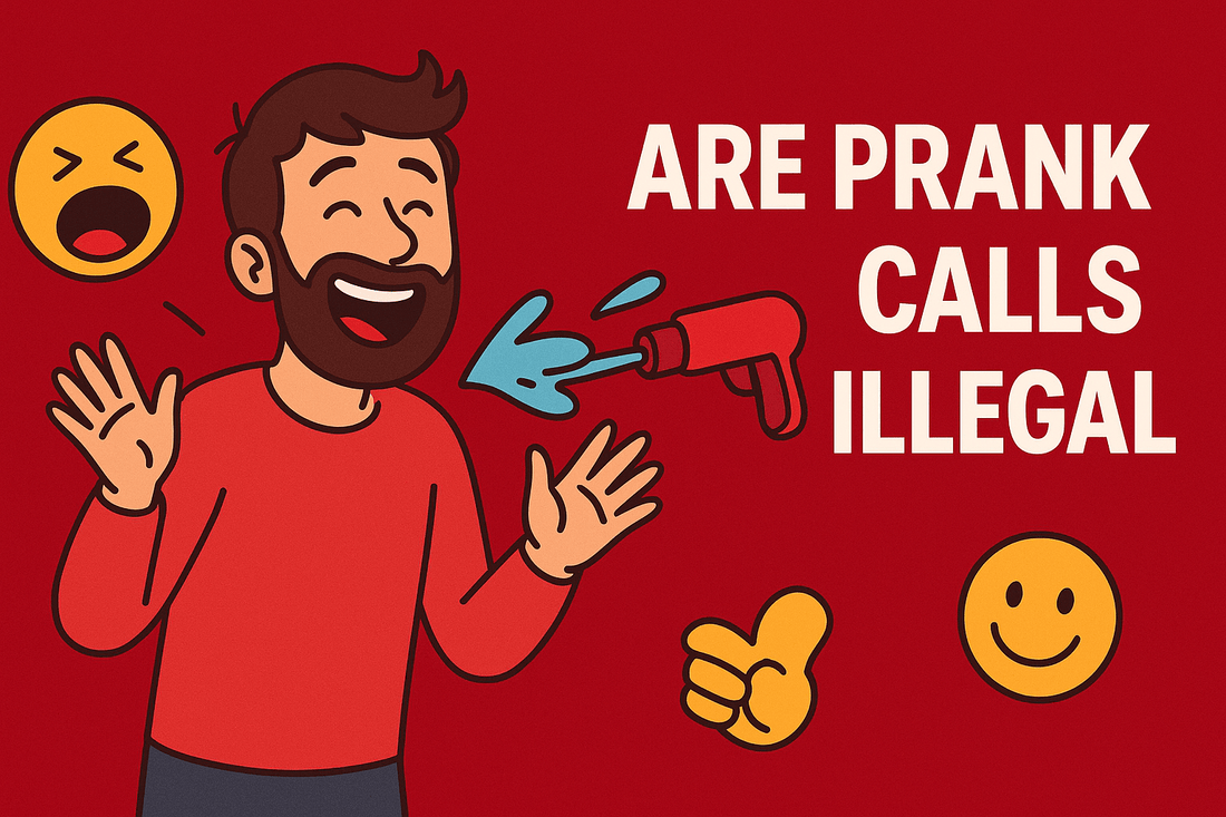 Cartoon man laughing with water gun, questioning if prank calls are illegal, surrounded by smiley emojis.