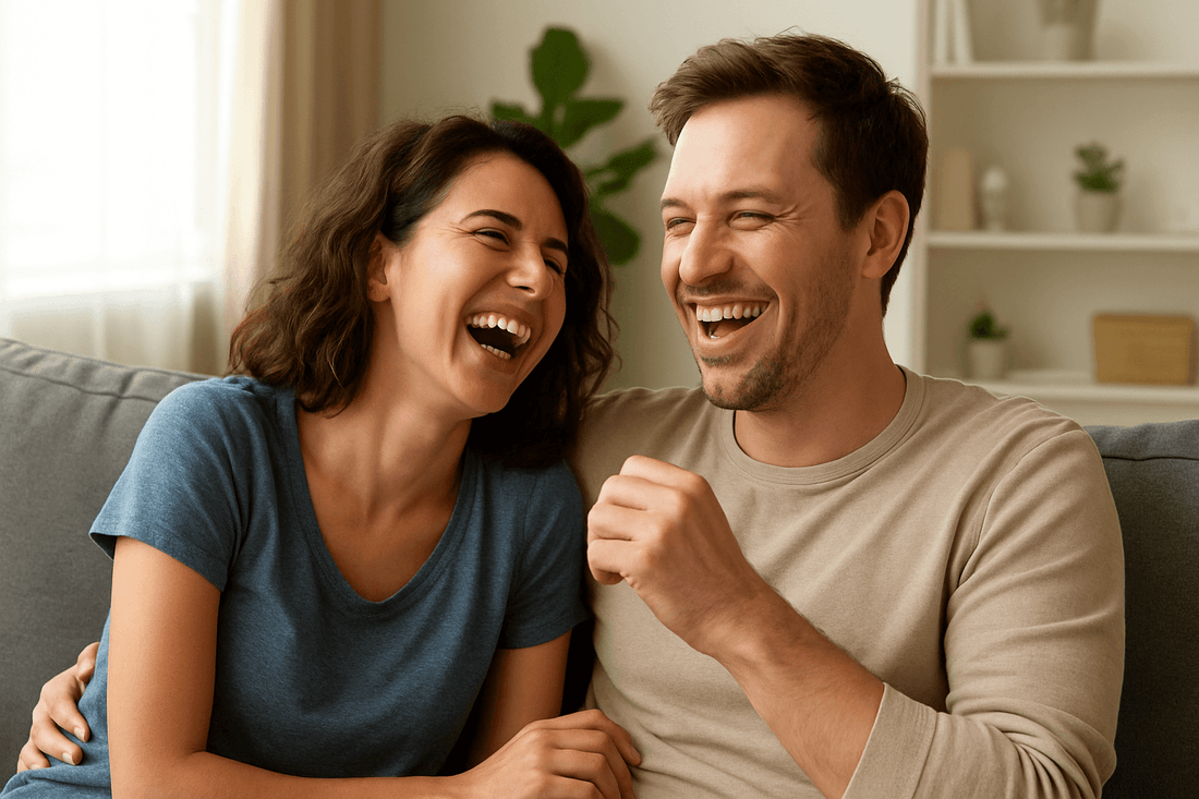 A joyful couple sharing a hearty laugh on a couch, capturing the essence of humor in marriage.