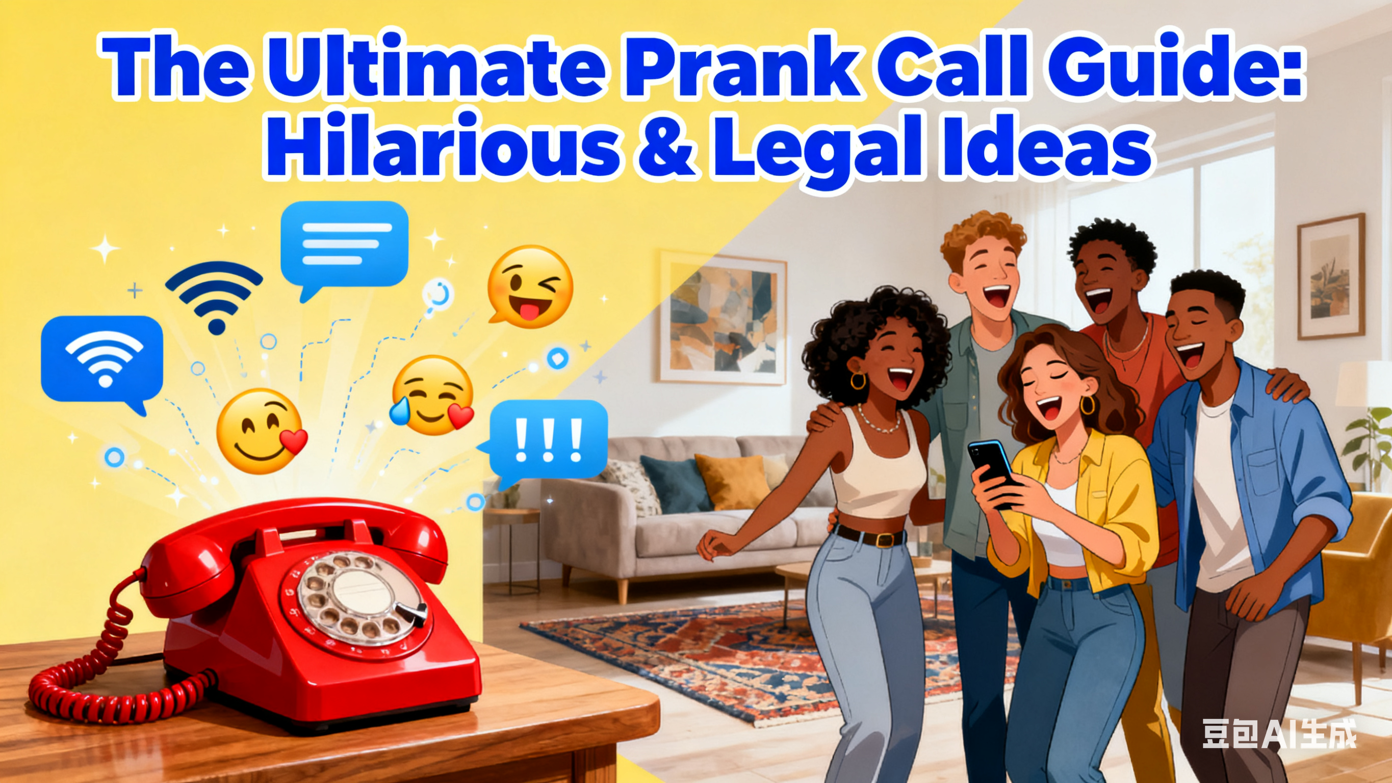 Colorful illustration of friends enjoying phone prank calls with a vintage telephone, featuring fun emojis and lively atmosphere.
