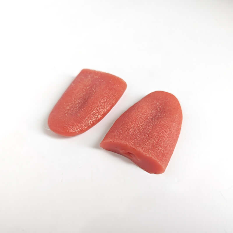 Two realistic fake tongue prank toys in vibrant colors, perfect for Halloween, parties and laughter-filled surprises.