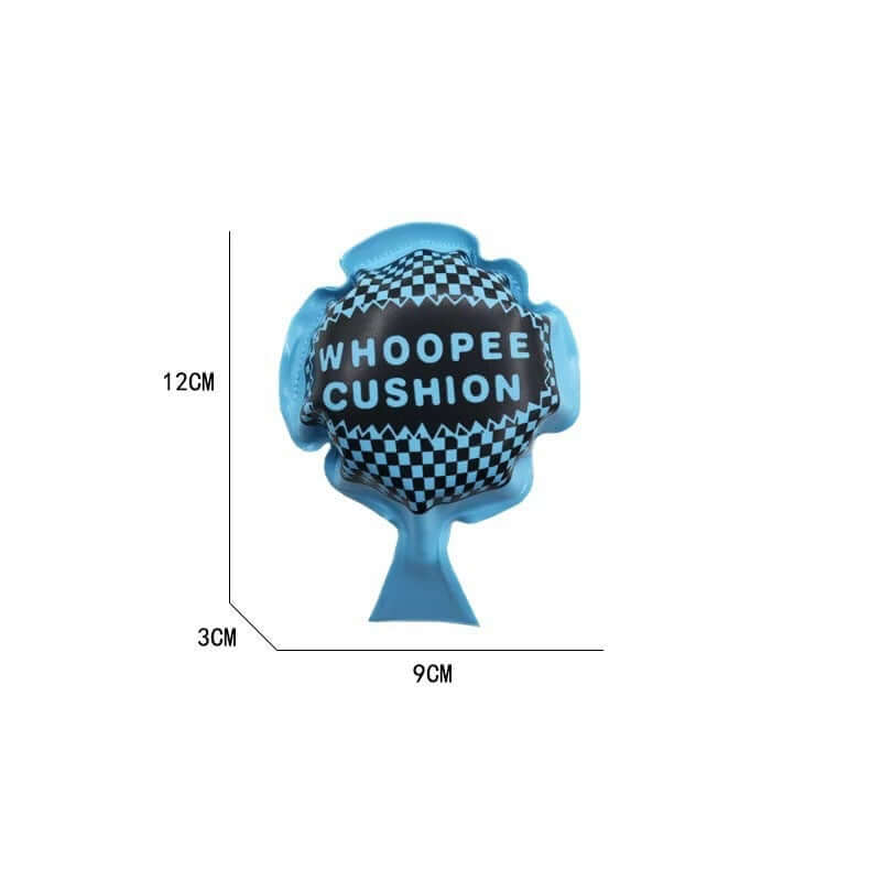 Fart cushion prank toy with checkered design for hilarious April Fools' and Halloween fun. Dimensions: 12cm x 9cm.