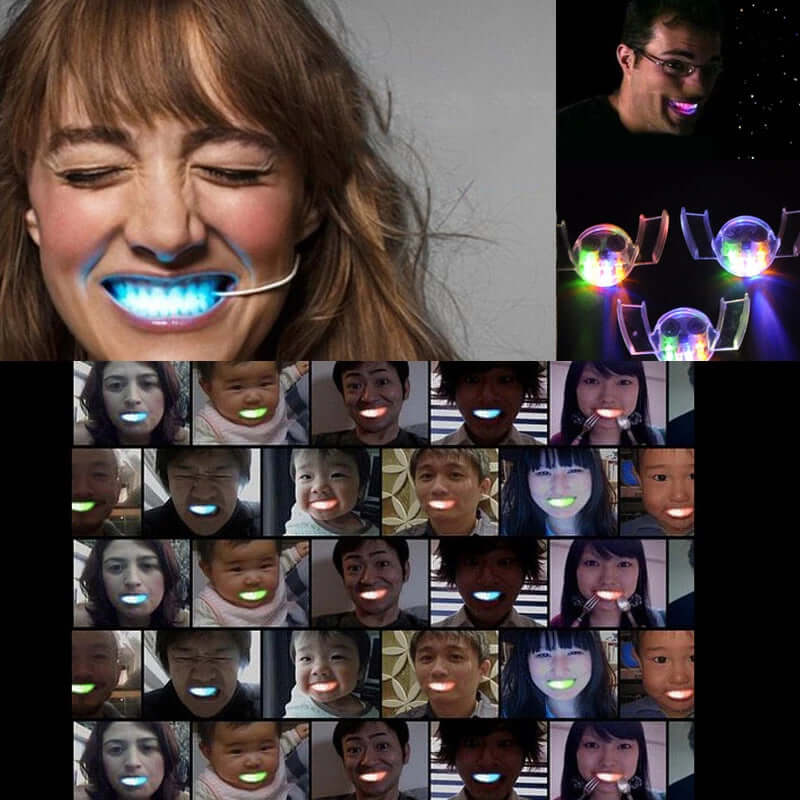 People having fun wearing flashing LED fake teeth, bringing laughter and surprise to parties and cosplay events.