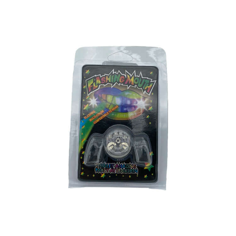 Flashing LED Fake Teeth gag toy packaging for Halloween fun and cosplay, bringing laughter to parties.