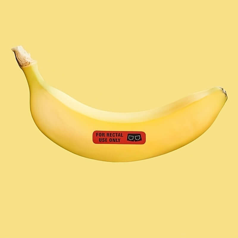 Banana with a funny "For Rectal Use Only" prank label for laughs and memorable moments.