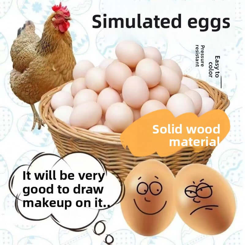 Simulated unbreakable eggs in a basket with a hen, solid wood, perfect for pranks and creative makeup fun.