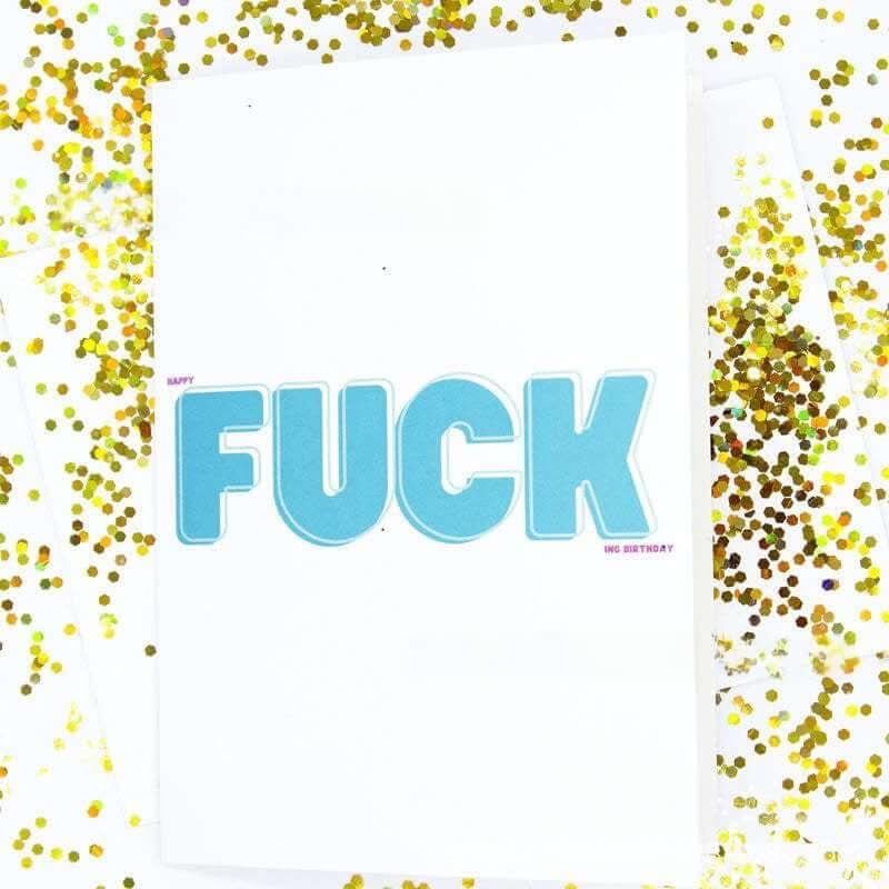 Happy F*cking Birthday glitter bomb prank card surrounded by shiny confetti, perfect for epic surprises!